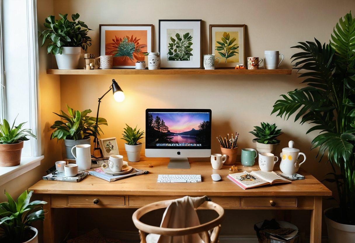A cozy workspace featuring a beautifully decorated desktop filled with vibrant art pieces like colorful paintings, inspiring quotes, and handmade crafts. Soft, warm lighting enhances the intimate atmosphere, while plants and personal mementos create a sense of connection and friendship. Include two mugs of steaming tea, symbolizing supportive conversations between friends. super-realistic. warm colors. cozy ambiance.