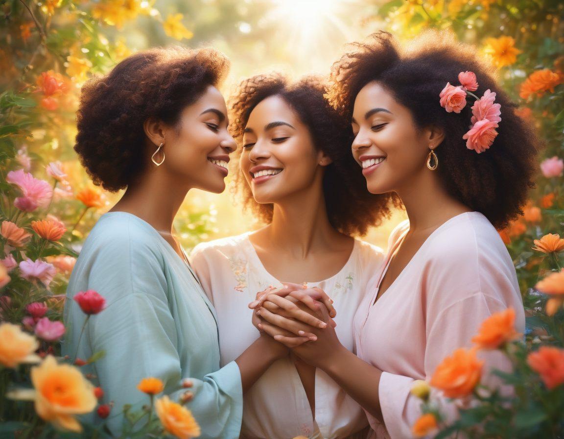 A serene and empowering desktop background featuring a diverse group of women of various ethnicities joyfully supporting each other in a lush garden setting, surrounded by blooming flowers symbolizing love and connection. Soft pastel colors fill the scene, with a warm golden sunlight streaming through the leaves, creating a peaceful ambiance. Elements such as heart motifs and inspirational quotes subtly woven into the background enhance the theme of empowerment and affection. painterly style. vibrant colors. soft focus.