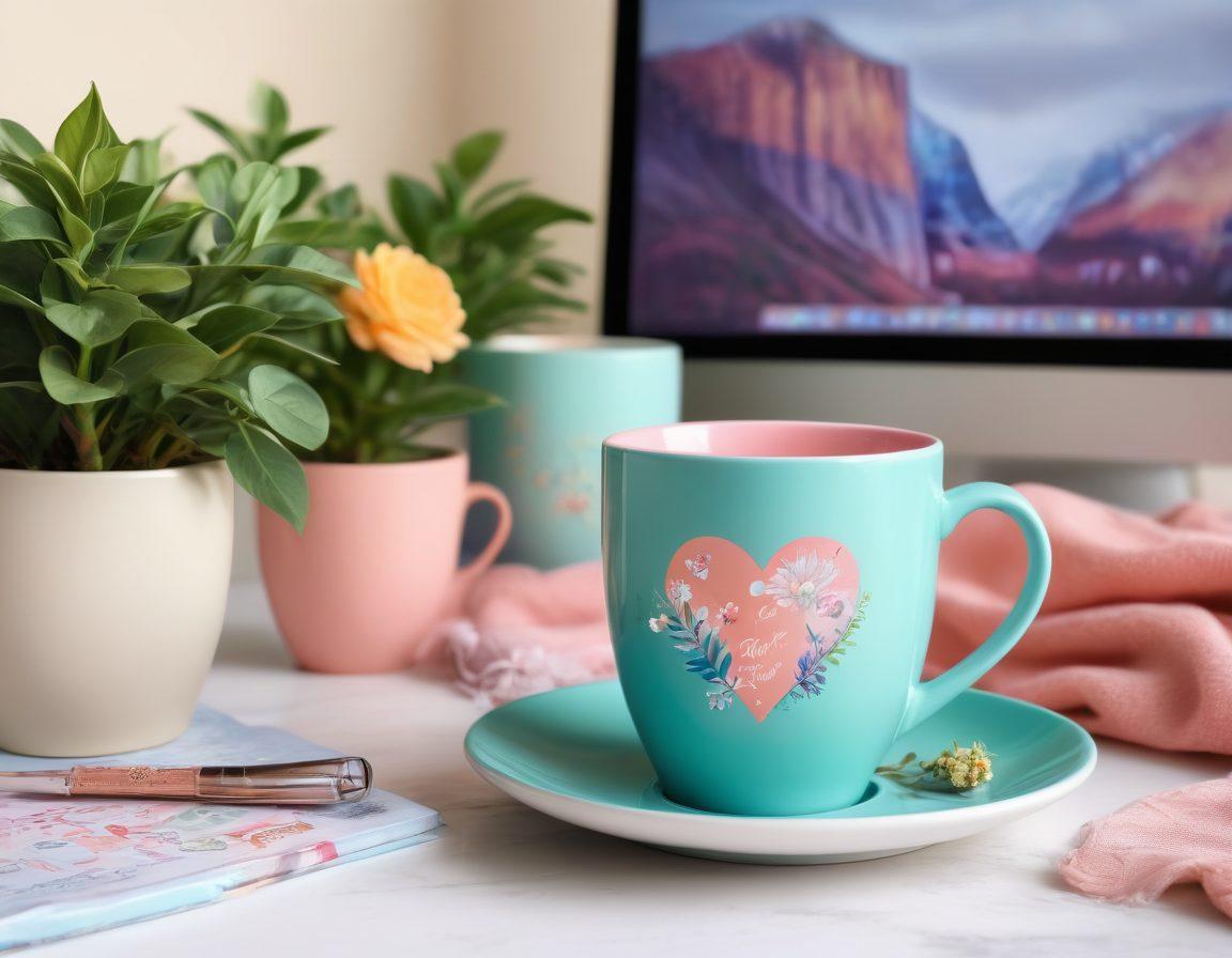 A serene workspace featuring a vibrant desktop background showcasing empowering imagery of women supporting each other, with soft pastel colors and symbols of love like hearts and flowers. Include a cozy mug of tea and a plant, to symbolize growth and positivity, blending reality with virtual inspiration. super-realistic. vibrant colors. soft focus.